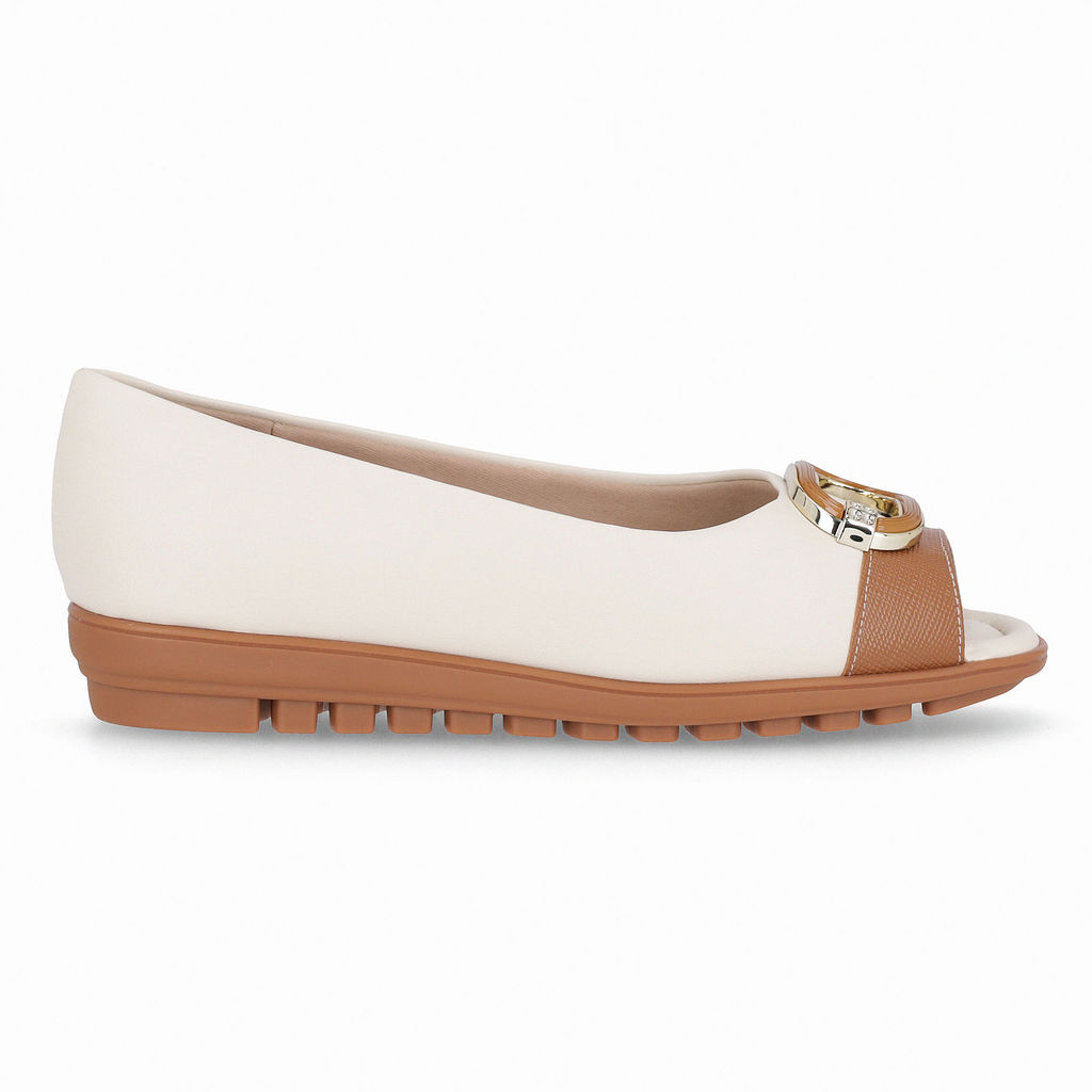 Sapatilha Peep Toe Aline Anabela Baixo Off White com Mascavo