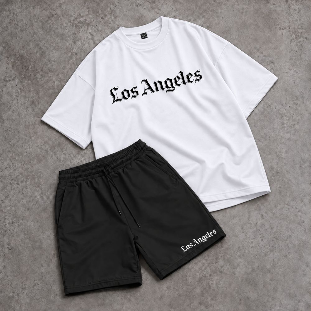 Conjunto Camiseta Oversized e Short Kit Los Angeles Letra Gótica Califórnia Verão Streetwear Masculino