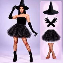 Kit Fantasia Halloween Feminina Bruxa Adulta 4 Peças Saia Tutu Chapéu Luvas Longas Com Garras Meia Arrastão