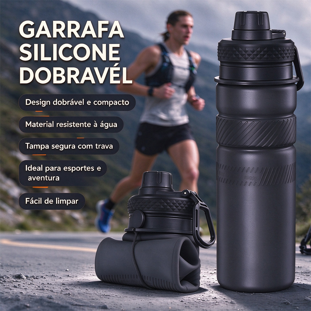 Garrafa de Água Esportiva de Silicone Dobrável 700ml, Cantil Portátil Reutilizável para Academia, Caminhada e Viagem