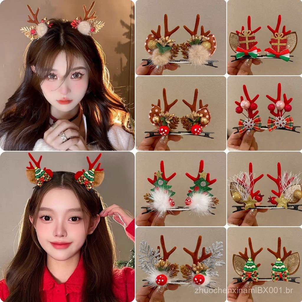 Presilha de Natal com rena estilo floresta, acessório de cabelo de Natal com chifres de rena e orelhas, tiara, presilha 