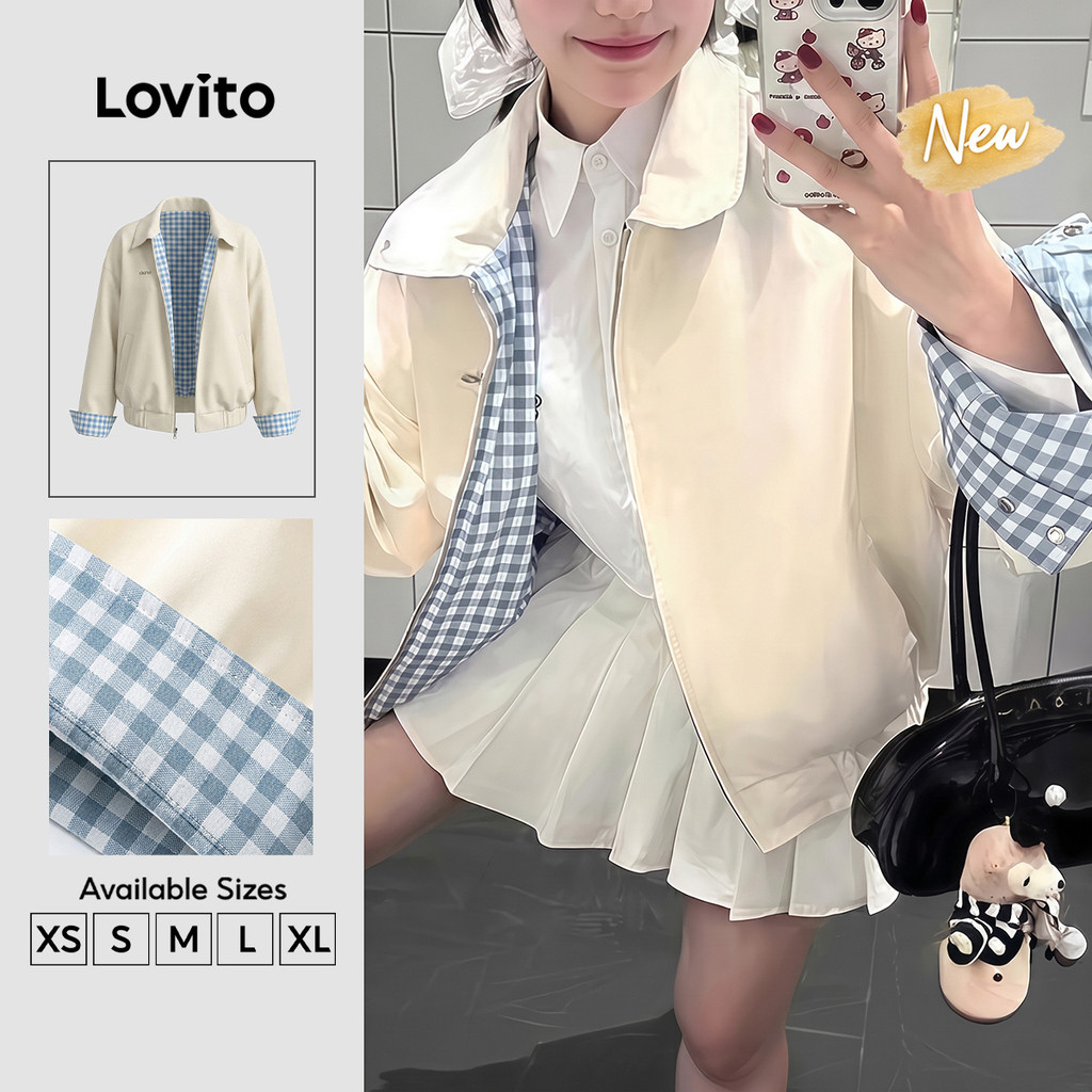 (New Arrival) Lovito Casual Xadrez Vichy Colorblock Outono Inverno Jaqueta Weekend Damasco Para Mulheres JKNS150TX317