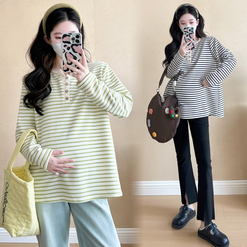 2026 mulheres grávidas primavera novo estilo de manga comprida moda com decote em V listrado solto Casual camiseta gravi