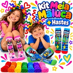 Meia Maluca + Haste Chenille Colorida Kit Infantil para Cabelo Maluco Festa Temática Escola