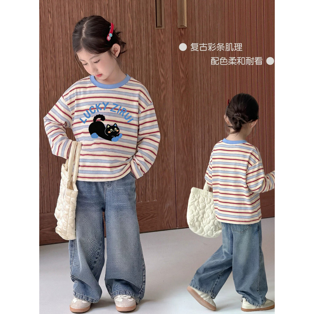 Meninas de manga comprida puro algodão camiseta outono estilo coreano novo estilo listrado topos crianças roupas de apar