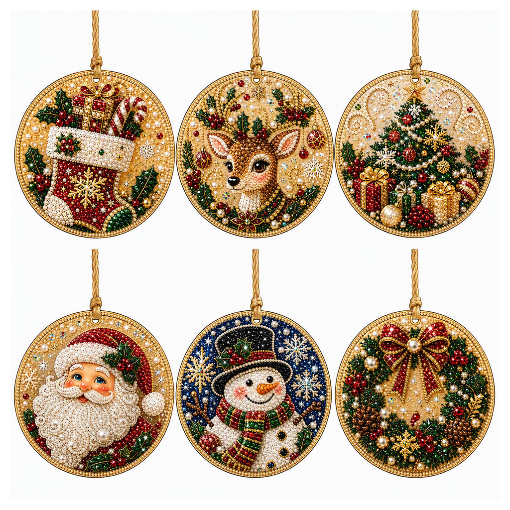 AMZ Rodada Clássico Elementos de Natal Enfeites de Pintura Diamante (Conjunto de 6 Peças) Fácil de Criar Exibição Outros