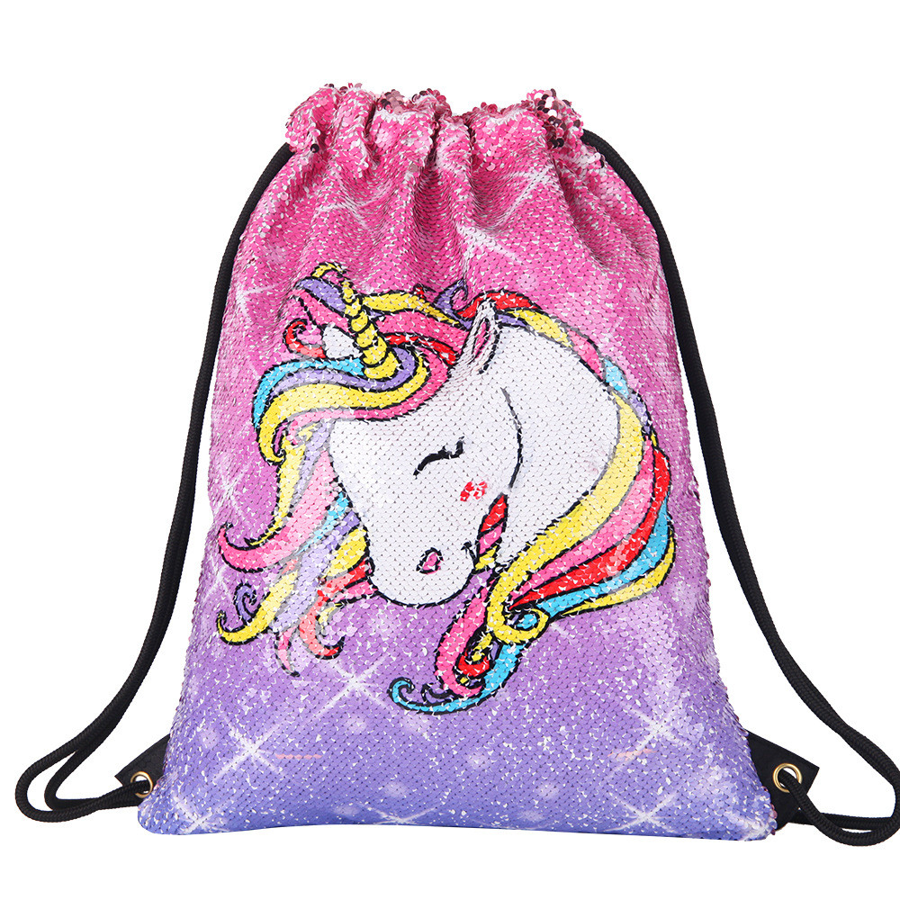 Europeu americano moda lantejoulas simples mochila cordão saco unicórnio impressão crianças esportes ao ar livre lazer m