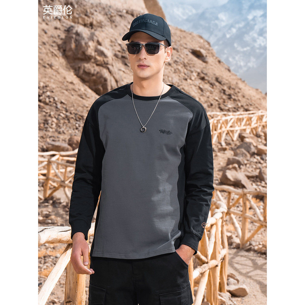 Britânico 270G algodão pesado manga comprida camiseta masculina Street Wear americano Casual contraste cor camiseta em t