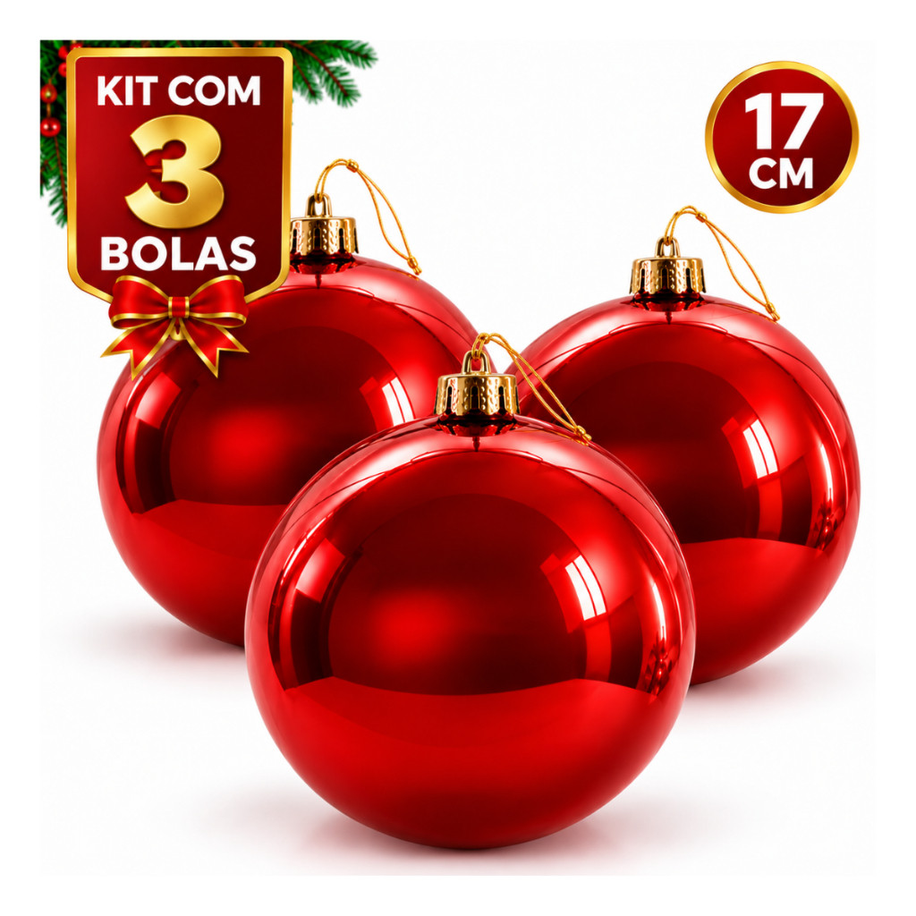 Kit Bolas De Luxo 3 Unidades 17 cm Natal Grande Brilhante Lisa Vermelha Gigante Premium Decoração