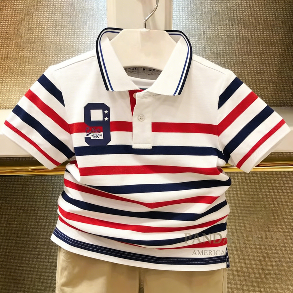 Meninos camiseta de manga curta algodão estilo ocidental médio grande crianças listrado solto Casual camisa POLO lapela 