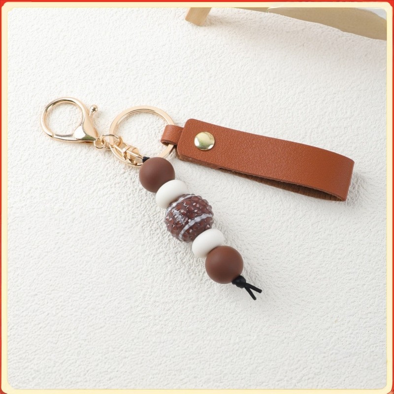 Simples couro de madeira grânulo chaveiro DIY artesanal cordão chave do carro pingente saco do telefone móvel Multi-Purp