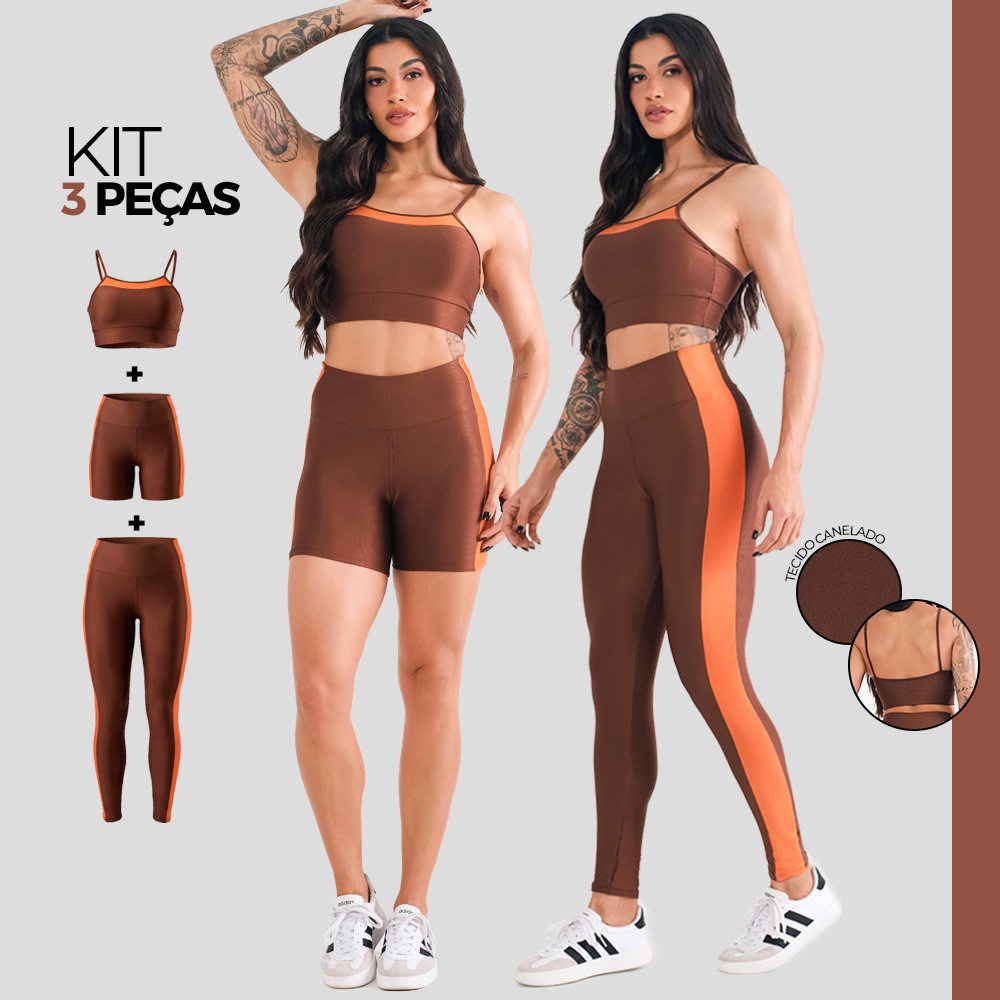 Trijunto Impulso Top + Short + Calça Fitness Feminino Canelado Comfort Cós Alto Modelo Macio — imagem 2 de 2
