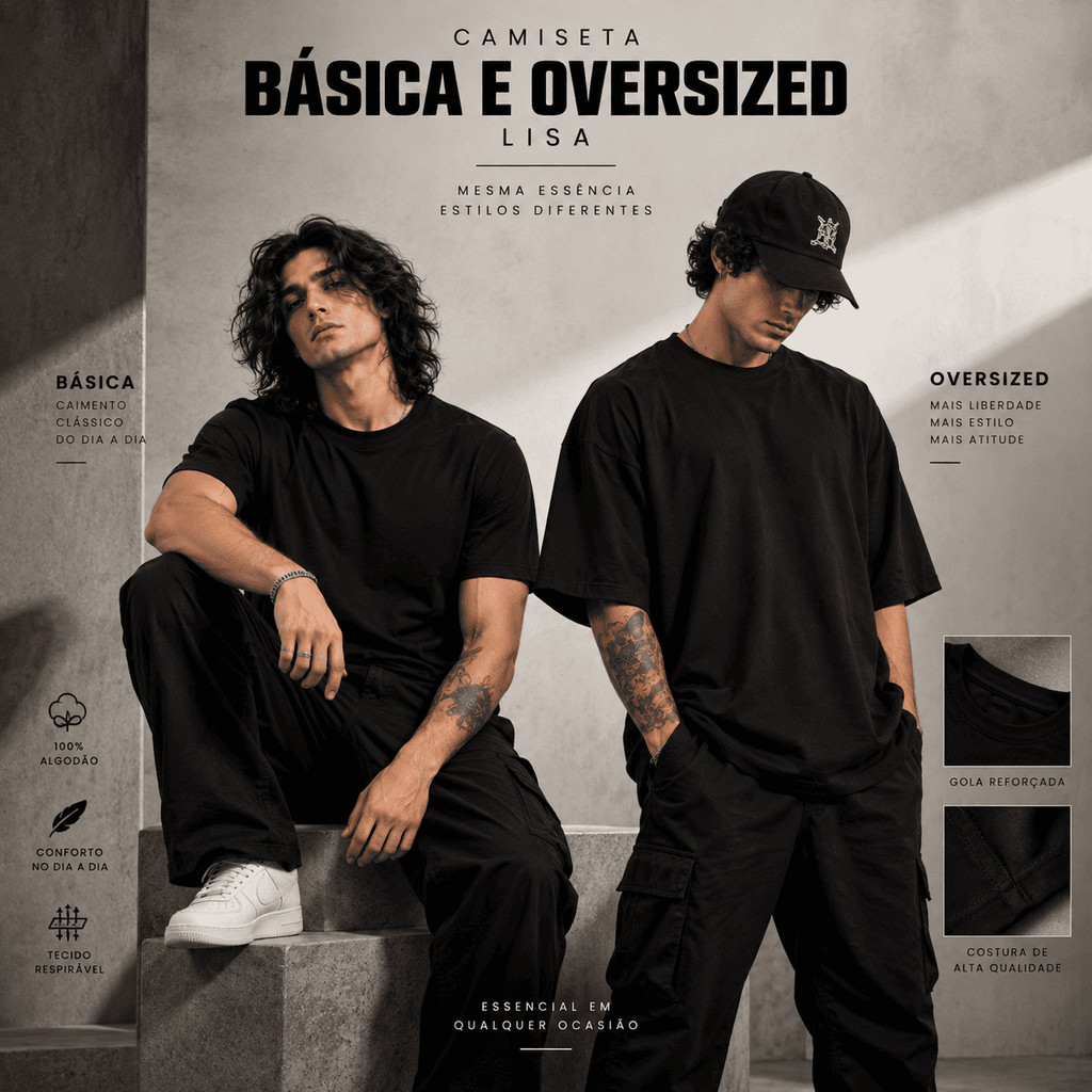 Camiseta Básica Ou Oversized 100% Algodão Lisa Casual Estilosa Confortável Versátil Moda Unissex