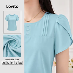 Lovito Elegante Blusa Feminina com Botões Frontais e Pregas Ideal para Primavera/verão Cor azul BLK9P1D494