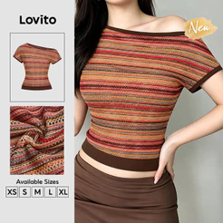 Lovito Camiseta Feminina Listrada Manga Curta Ombro a Mostrar Geométrica Textura Fria Casual Primavera Verão Fim de Semana TSK10P1D669