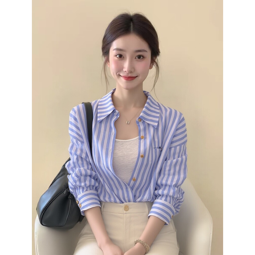 Camisa de manga comprida listrada azul francês Top feminino 2026 novo estilo primavera estilo preguiçoso camisa protetor