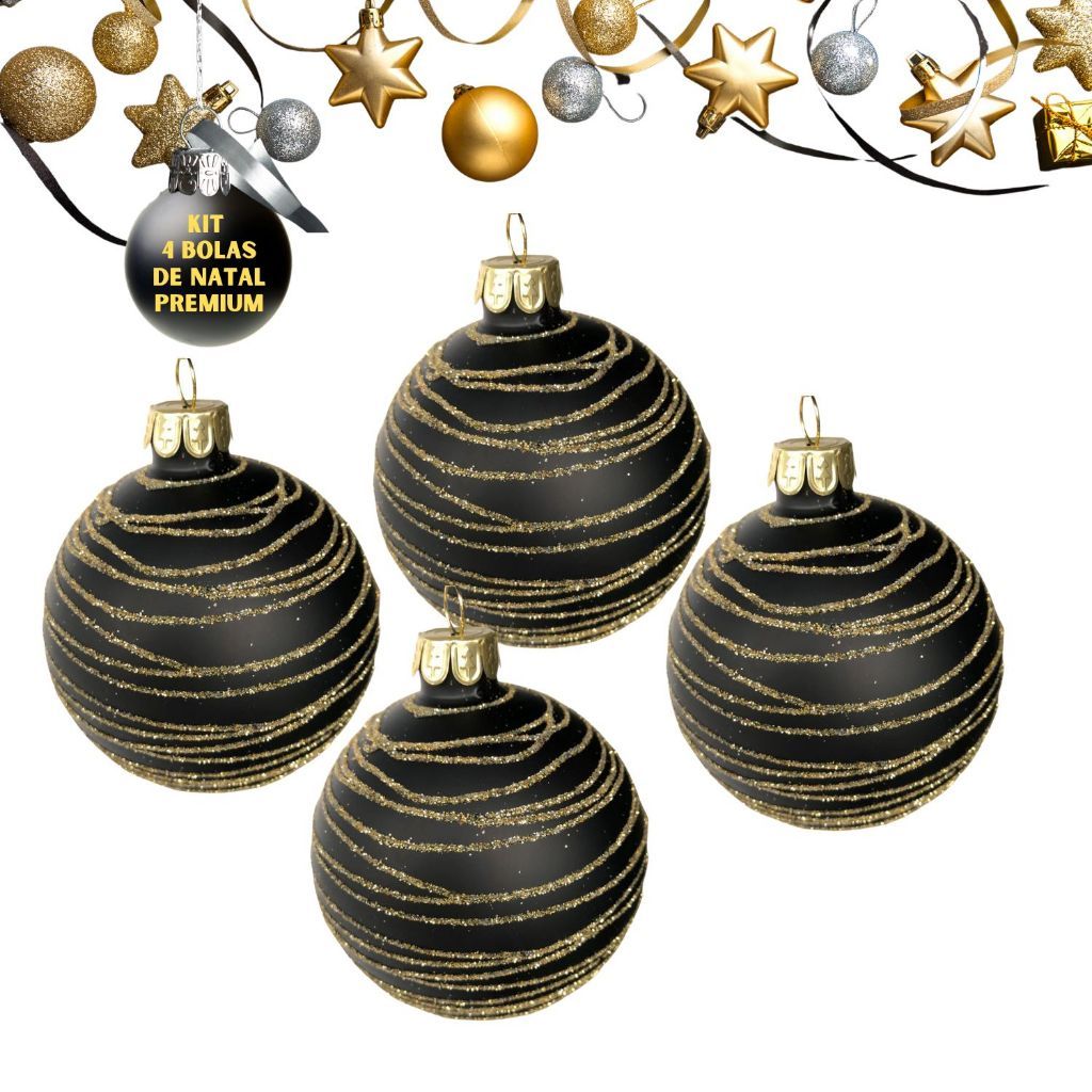 Kit 4 Bolas de Natal Premium Decoradas Pretas com Glitter Dourado 8cm Luxo
