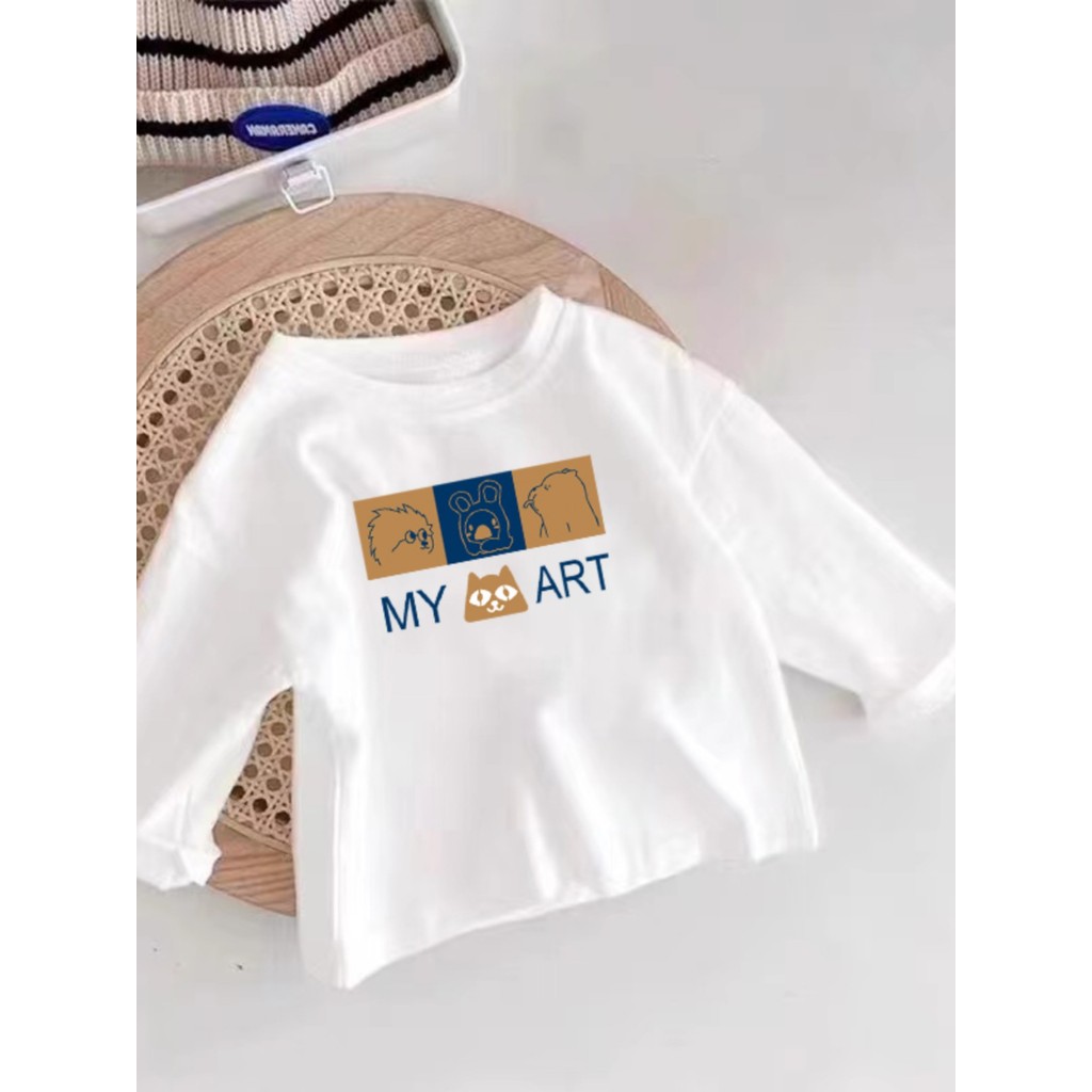 Algodão puro meninos branco manga comprida camiseta 2026 primavera outono novo estilo crianças bebê dos desenhos animado