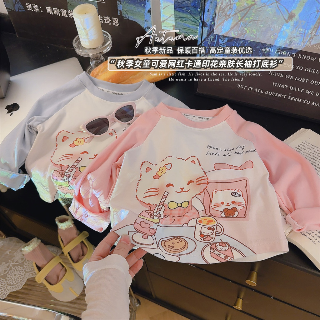 Médio grande crianças camisa de fundo primavera outono 2026 novo estilo meninas moda dos desenhos animados gato impressã