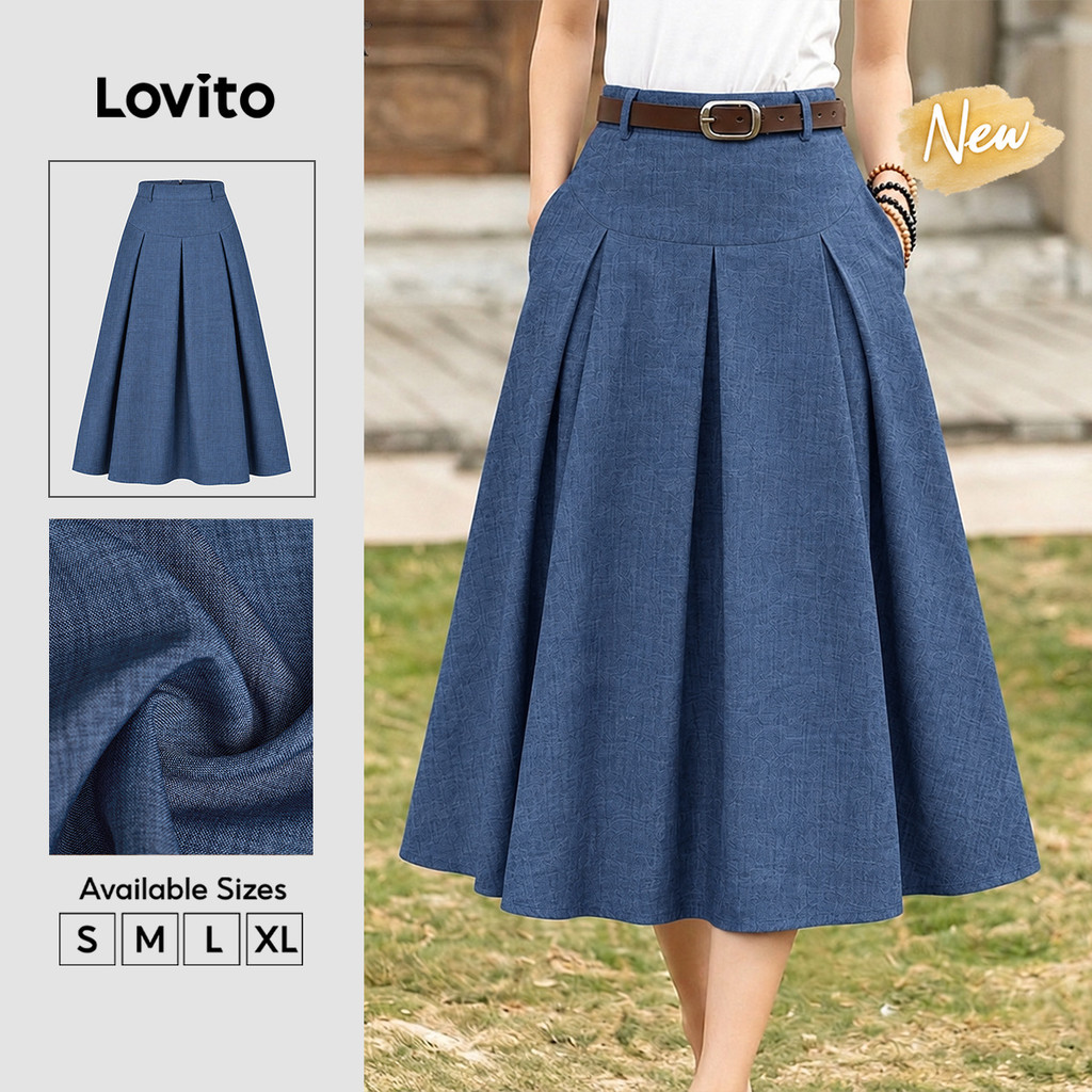 (New Arrival) Lovito Saias Femininas Casuais Azuis De Cor Lisa Longas Evasê Plissadas Franzidas E Com Bolso Para Primavera Verão Férias E Fins De Semana SKB40BR044