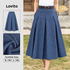 (New Arrival) Lovito Saias Femininas Casuais Azuis De Cor Lisa Longas Evasê Plissadas Franzidas E Com Bolso Para Primavera Verão Férias E Fins De Semana SKB40BR044