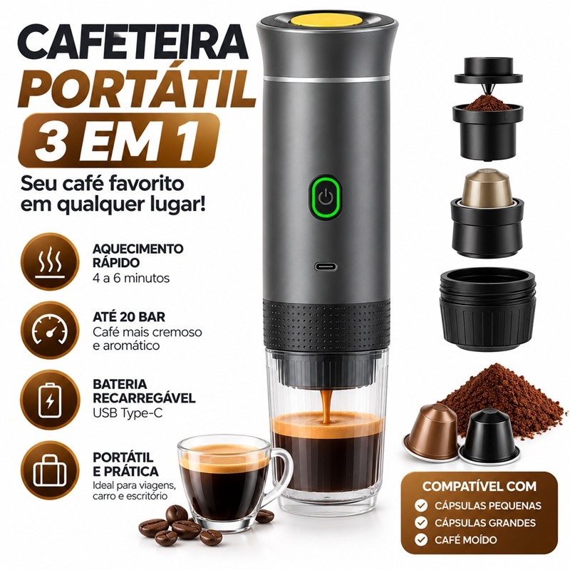 Máquina de Café Expresso Portátil 3 em 1 Elétrica Preta Cafeteira cápsulas ou Café RBG 12V Aquecido, à prova d'água