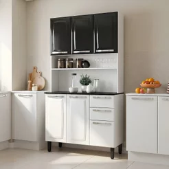 Armário de Cozinha em Aço com Bancada e Nicho 6 Portas 2 Gavetas 195cm Pratika Itatiaia Branco/Preto Branco/Preto