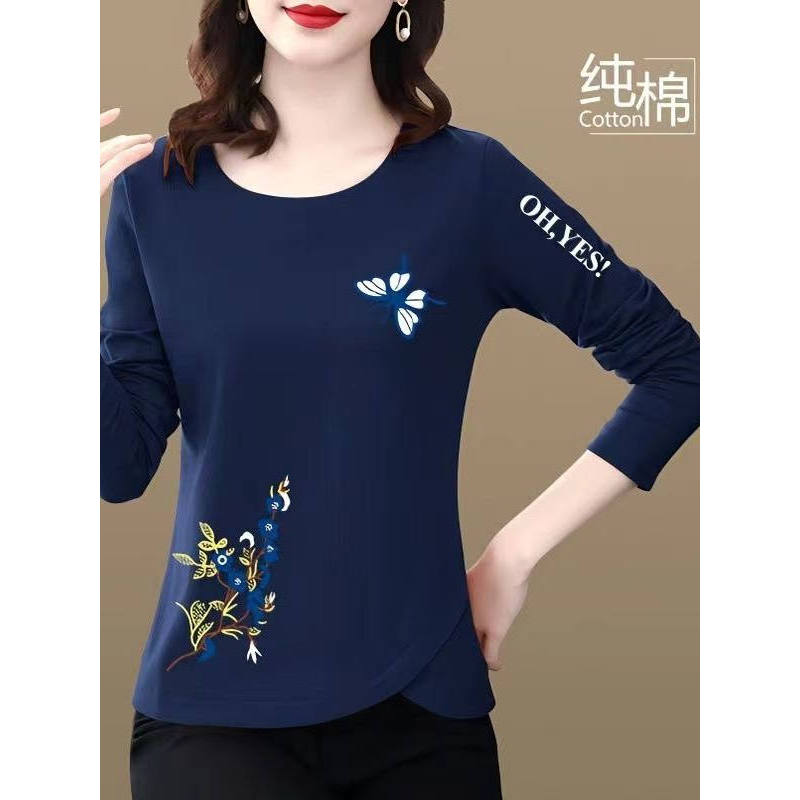 Outono inverno estilo ocidental camiseta de manga comprida feminina idosos de meia-idade tamanho grande camisa de fundo 