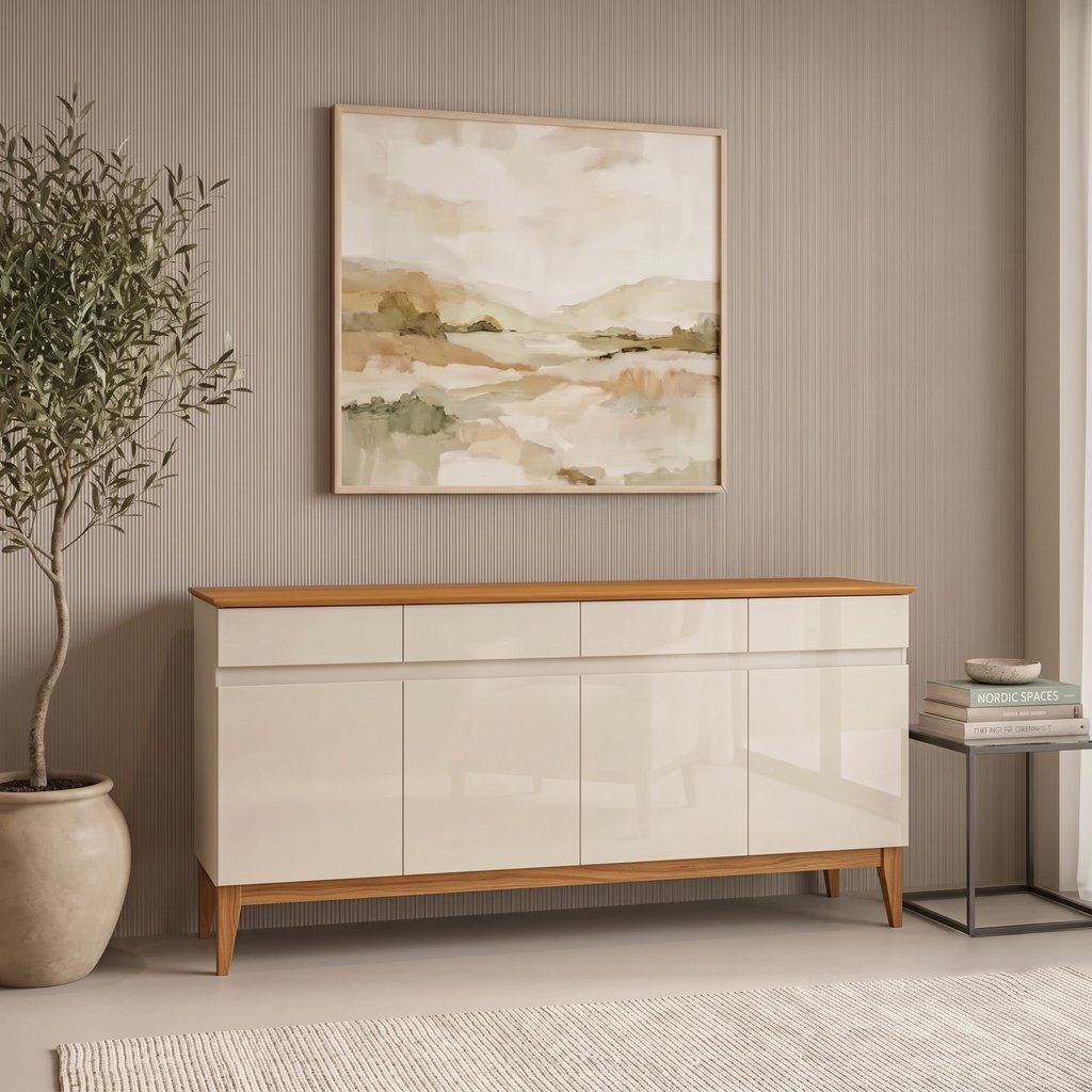 Buffet Aparador 4 Portas e 4 Gavetas em MDF com Pés em Madeira Maciça Bege/Off White/Cedro Off White/Cedro