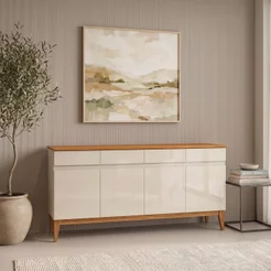Buffet Aparador 4 Portas e 4 Gavetas em MDF com Pés em Madeira Maciça Bege/Off White/Cedro Off White/Cedro