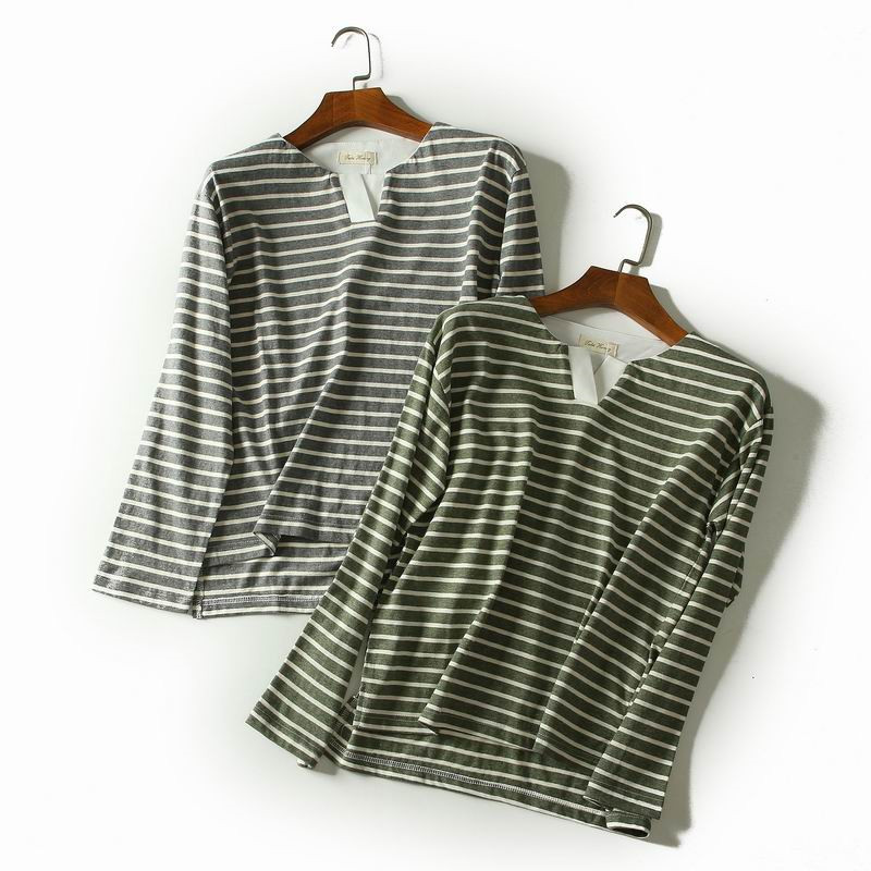 Z12 feminino novo estilo primavera All-Match Casual cor combinando listrado pequeno decote em V manga comprida camiseta 