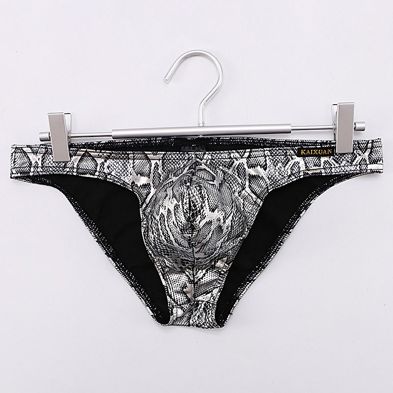 Cuecas masculinas de cintura baixa, com estampa de cobra arco-íris brilhante, bolso em U e tecido elástico.