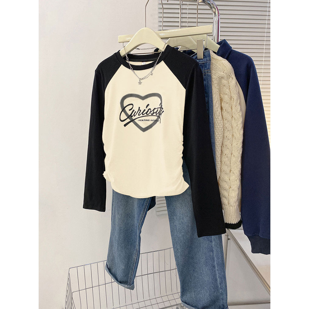 Estilo ocidental quente menina cintura estreita cor-bloqueio Raglan ombro manga comprida camiseta feminina primavera out