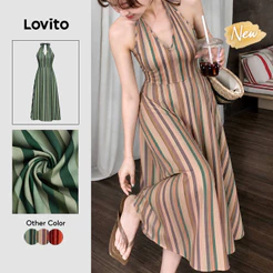 Lovito Vestido Feminino Caqui Casual Listrado Geométrico Modelo Longo A Primavera Verão Fim de Semana DRK10P1D1130