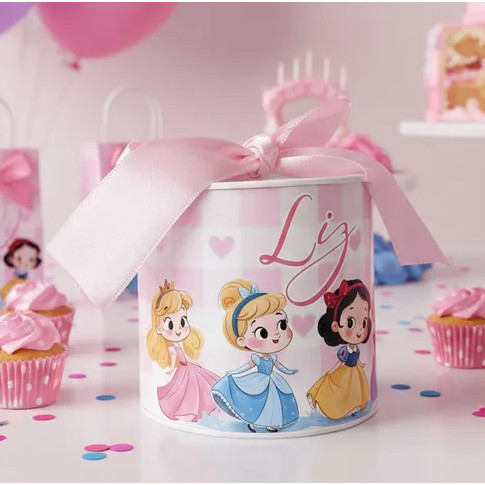 Kit Tubo lata 5x6 Personalizada com Tema de Princesas – Vários Temas Disponíveis- Lembrancinha Infantil –