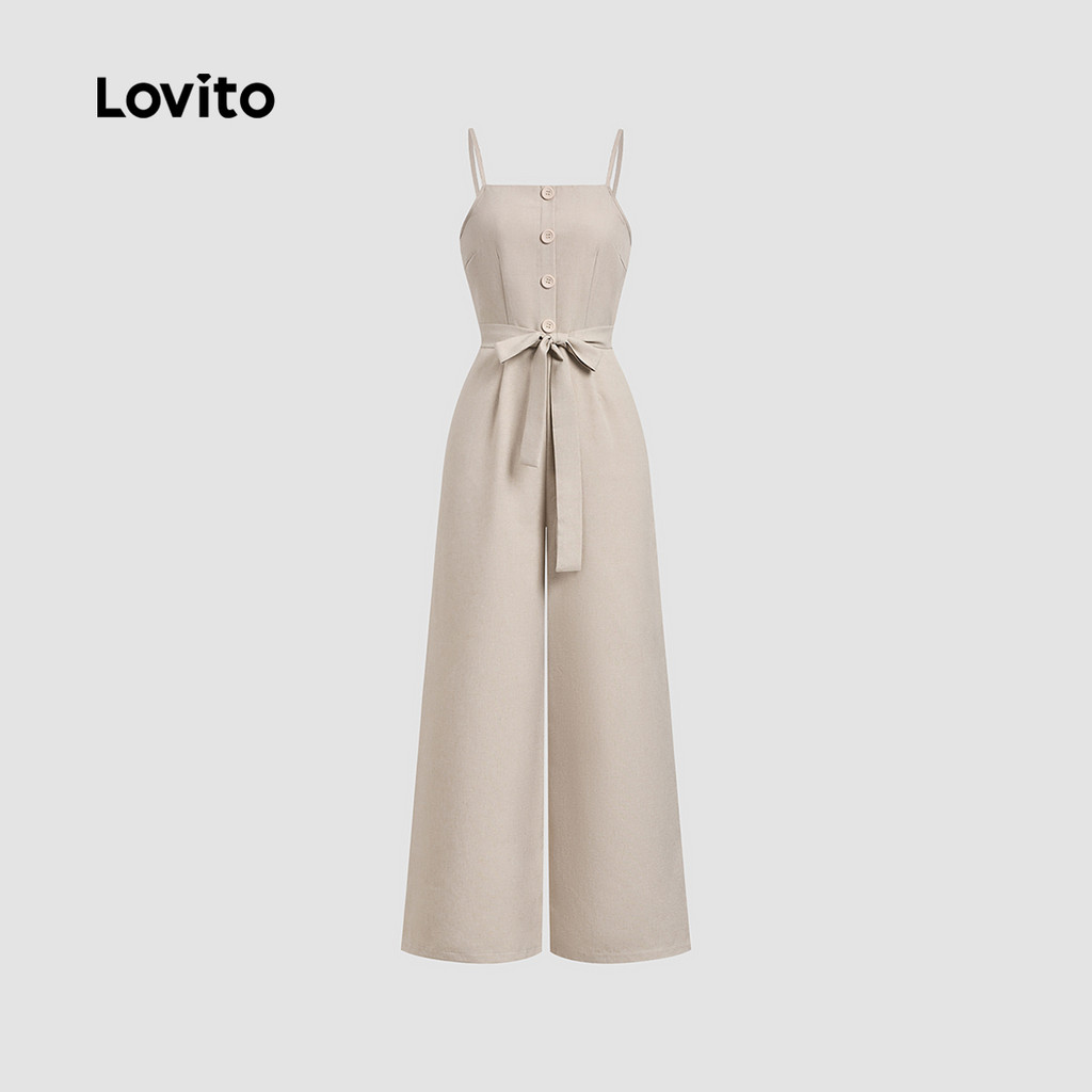 Detalhes do Lovito Macacão Casual Liso Com Botões E Laço Claro Cáqui Para Mulheres L135AD503