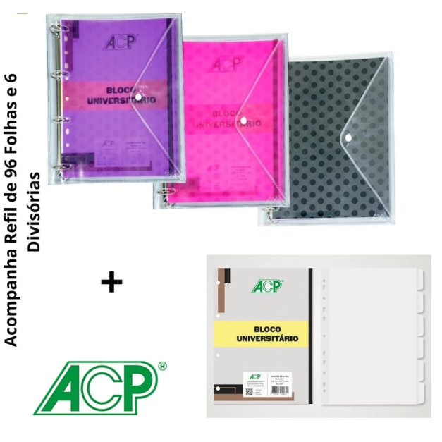 Fichário Universitário com Botão Poa com bloco de folhas e divisórias ACP em Oferta na Shopee