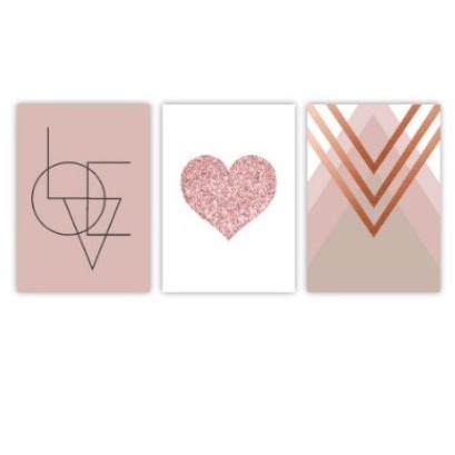 Kit 3 Quadro Decorativos Sala, Quarto, Escritório Cozinha Decoração 20x30 rose gold love coração