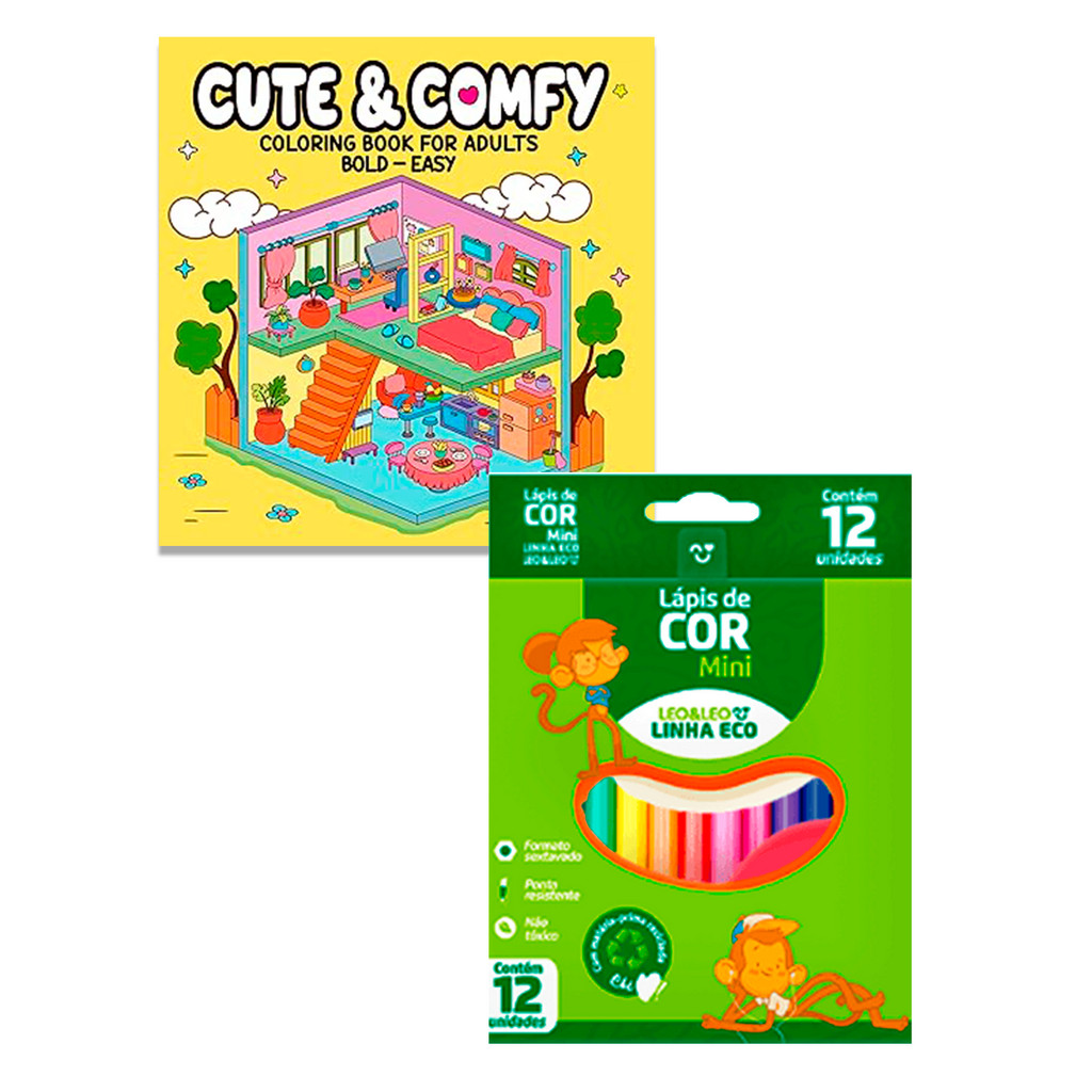 Kit Livro de Colorir Cute & Comfy Easy + 12 Lápis Cor Mini