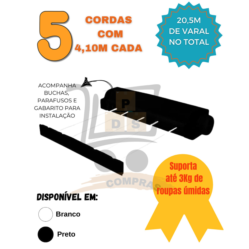 Varal Retratil Parede Automatico 4,10m Rotoflex 5 Cordas Extensivel Portatil Secalux em Oferta na Shopee