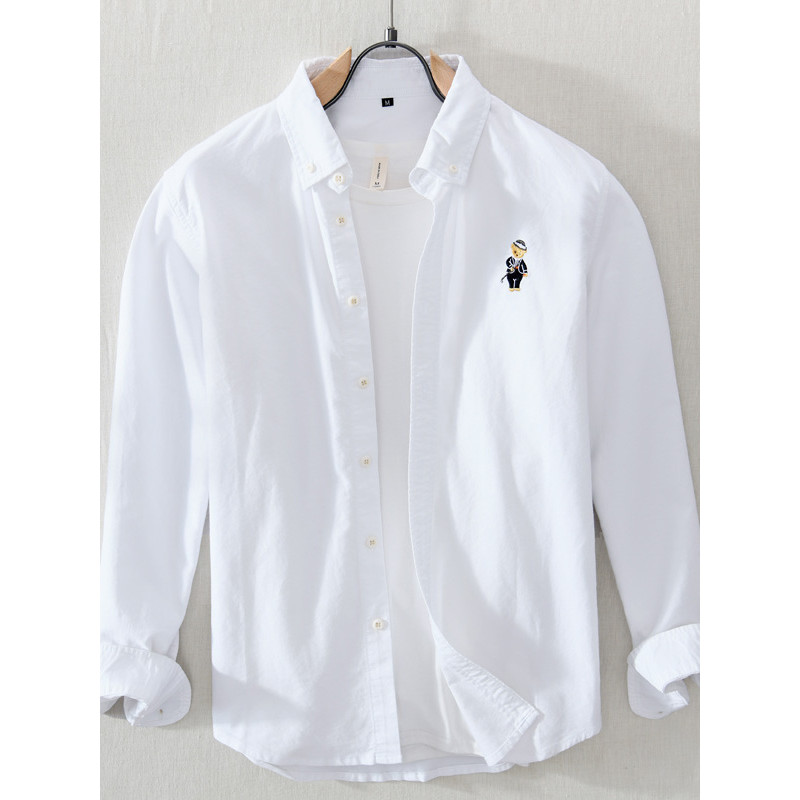 Primavera outono estilo japonês fresco bordado Oxford girando camisa de manga comprida masculina Casual branco-Polegada 