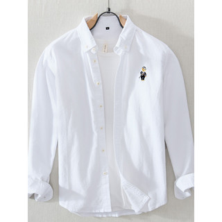 Primavera outono estilo japonês fresco bordado Oxford girando camisa de manga comprida masculina Casual branco-Polegada 