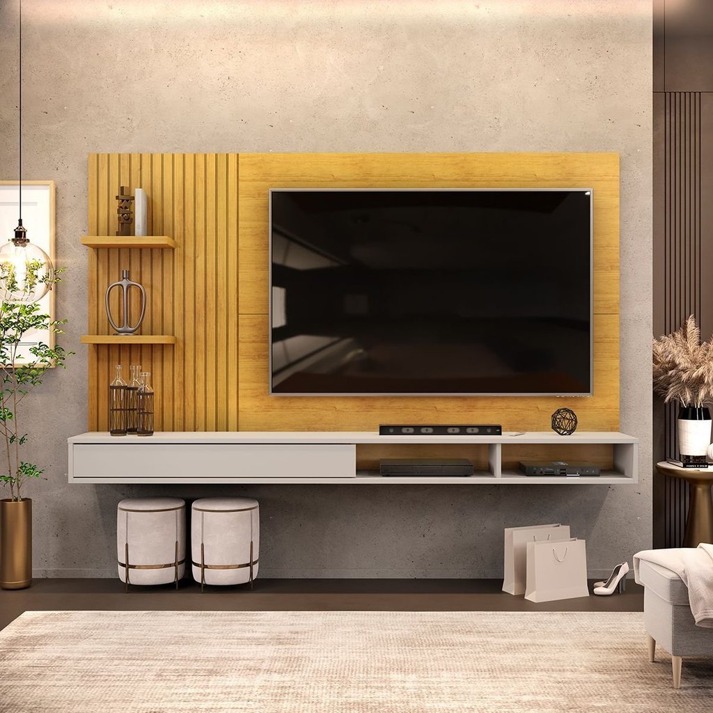 Painel Ripado para TV até 60 Polegadas MDF 190CMX107,8cm Nichos Bento Marrom Cedro/Bali