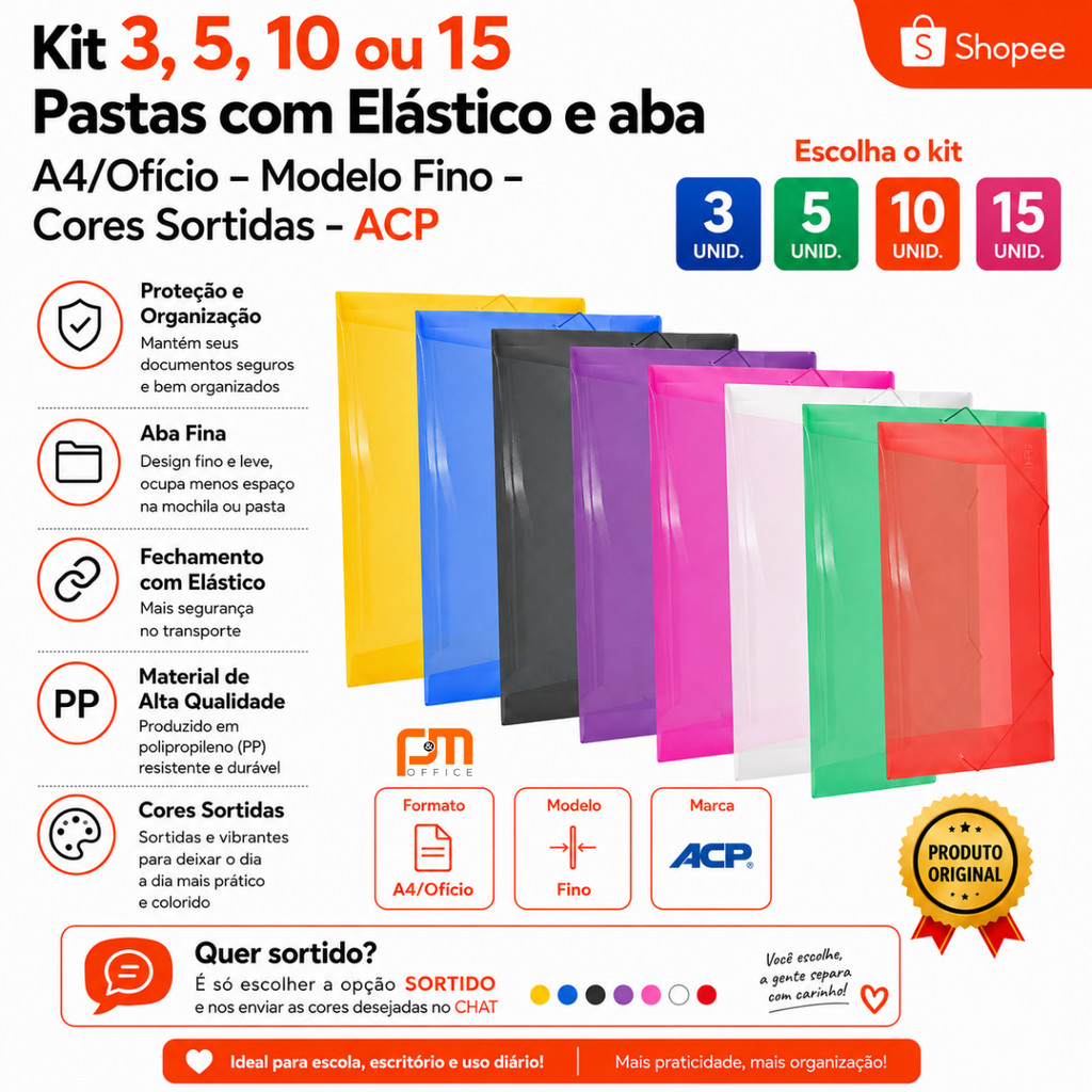 Kit 3, 5, 10 ou 15 Pastas com Elástico e aba A4/Ofício – Modelo Fino – Cores Sortidas