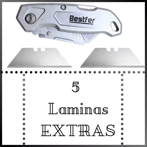 Estilete Dobrável Bestfer Profissional Cabo Alumínio 5 Lâminas Extras Retrátil Segurança Corte Couro Papelão Tecido 2cm — imagem 2 de 2