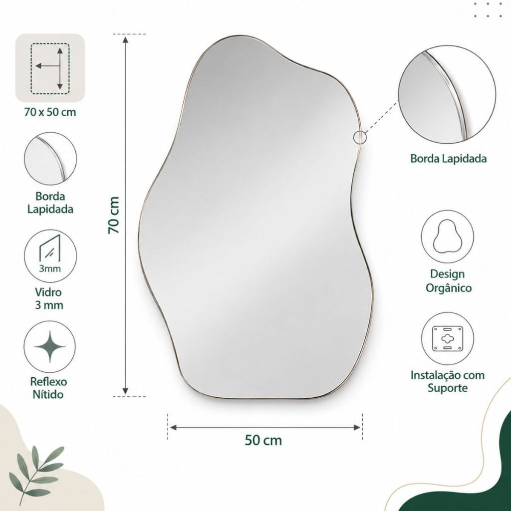 Espelho Orgânico de Parede 70cm Vidro 3mm Lapidado Polido Sem Moldura Quarto Banheiro Closet · foto 2