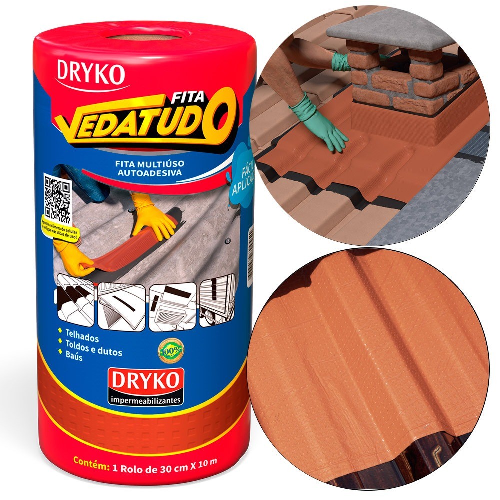 Fita manta asfáltica auto adesiva terracota telhado 30cm x 10m Vedatudo Dryko