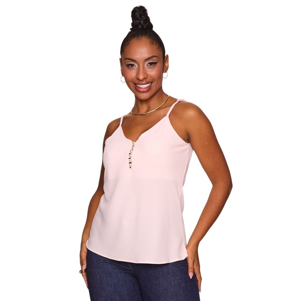 Blusinha Regata Crepe Malha Pedraria Botão Com Alça Fina Modelo Verão Feminina