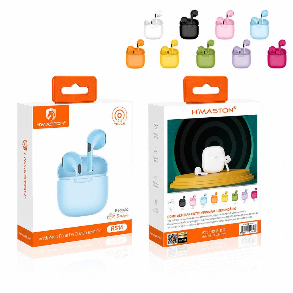 Fone Bluetooth Hmaston RS14 Sem Fio In-Ear 5.3 Graves Fortes Com Microfone e Estojo