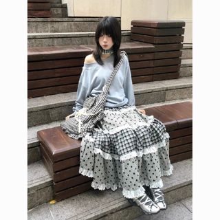 Novo estilo Multi-camada renda xadrez ponto fino costura bainha grande A linha saia longa All-Match menina japonesa quat
